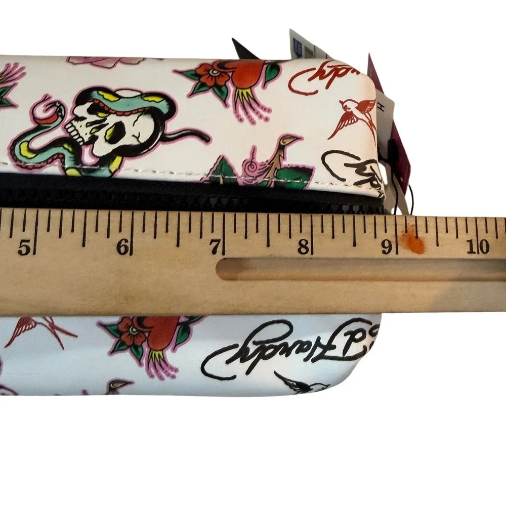 Ed Hardy Cosmetic Bag Womens White Tattoo Print‎ Skull Rose Y2K Travel Bag NWT